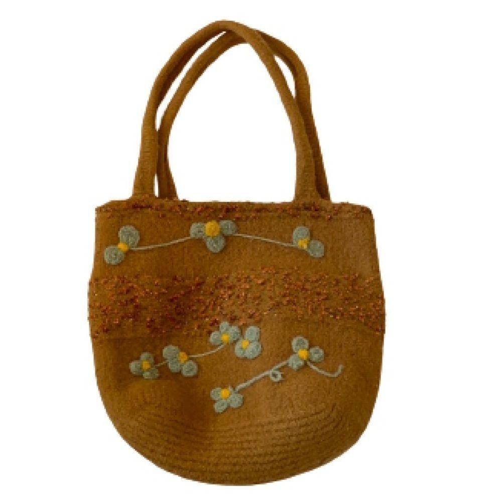 Vintage Felted Wool Embellished Mustard Yellow Purse Handbag